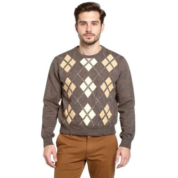Italian Made Wool Cashmere Angora Re del mare Argyle Sweater Mens M Brown Crew - Picture 1 of 10